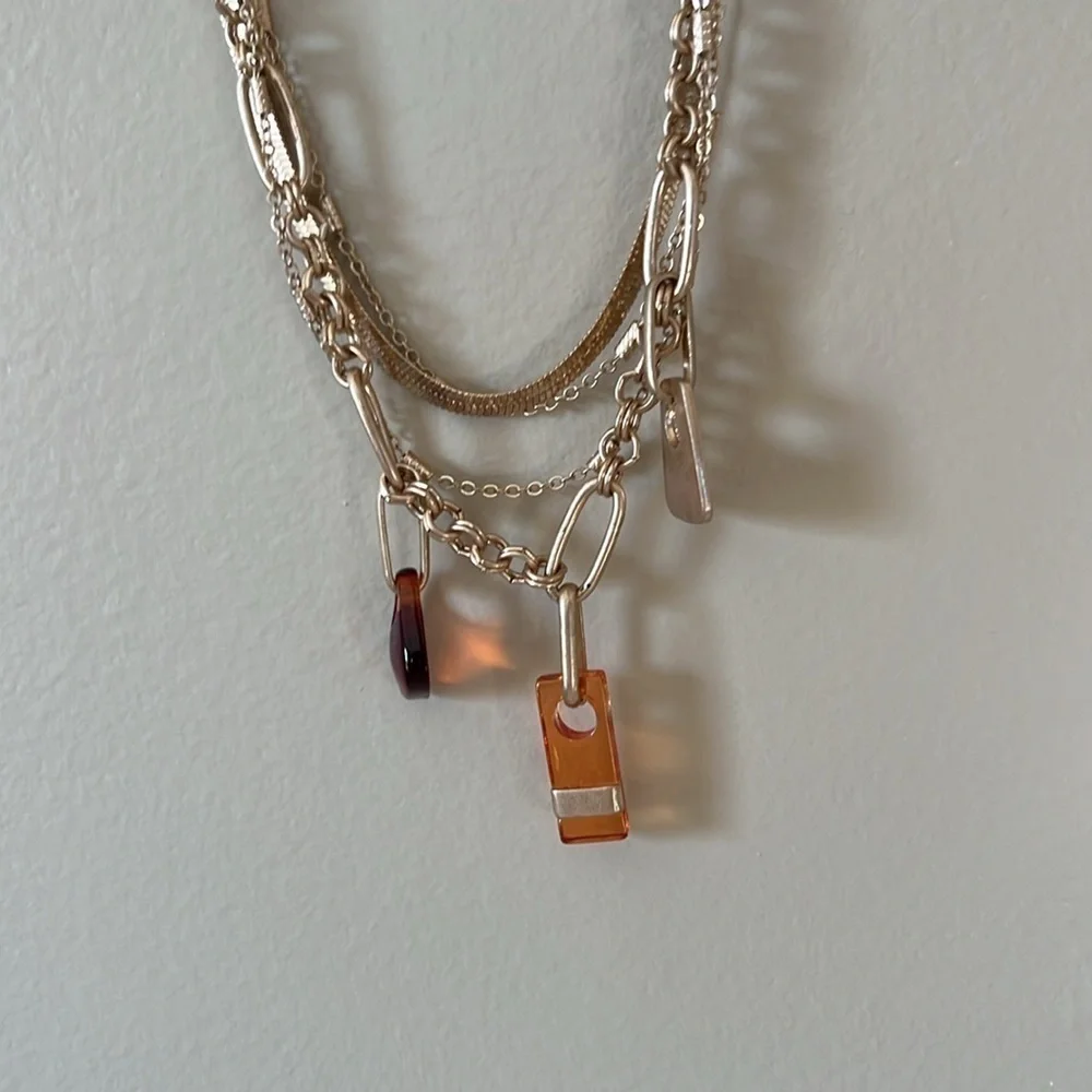 Universal Thread Gold Tone Layered Necklace Amber Resin Charm Pendant